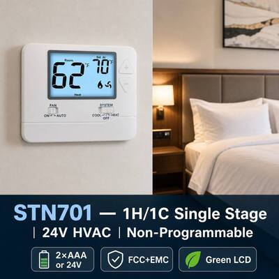 24v Wired White Non Programmable 1 Heat 1 Cool Non-Programmable Hotel Home Thermostat For Hvac Operations Temperature Control In Commercial Buildings