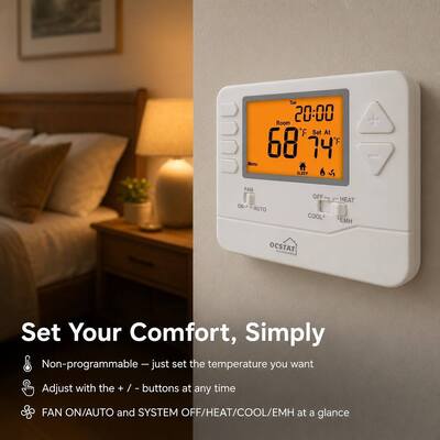 Non-programmable 2 H 2 C Temperature Control Heat Pump Thermostat with Temperature Range 32°F to 99°F 0°C to 40°C and Size 4.72 W X 3.85 H X 1.06 D