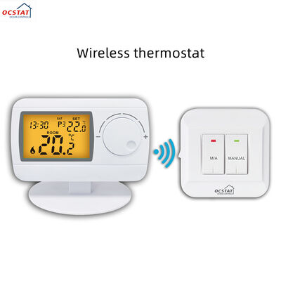 6W การบริโภคพลังงาน RF Room Thermostat 230V Wireless Thermostat Anti-flammable ABS PC Housing เหมาะสําหรับระบบควบคุม HVAC แบบพาณิชย์