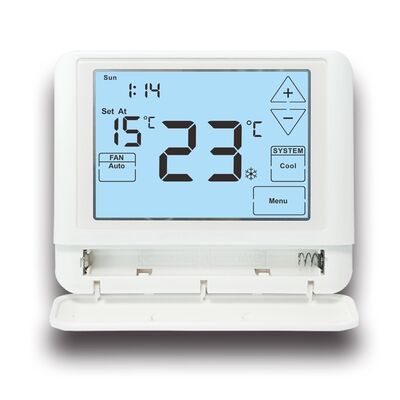 เทอร์โมสตาร์ดิจิตอล HVAC สามารถเขียนโปรแกรมได้ ห้องอิเล็กทรอนิกส์ 24V แบตเตอรี่ LCD เทอร์โมสตาร์ที่ให้แสงเบื้องหลัง สีขาว สีฟ้า สีเขียว และระยะควบคุมอุณหภูมิ 44°F ถึง 90°F 7°C ถึง 32°C สําหรับการแก้ไขสภาพภูมิอากาศ