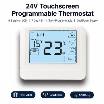 เทอร์โมสตาร์ดิจิตอล HVAC สามารถเขียนโปรแกรมได้ ห้องอิเล็กทรอนิกส์ 24V แบตเตอรี่ LCD เทอร์โมสตาร์ที่ให้แสงเบื้องหลัง สีขาว สีฟ้า สีเขียว และระยะควบคุมอุณหภูมิ 44°F ถึง 90°F 7°C ถึง 32°C สําหรับการแก้ไขสภาพภูมิอากาศ