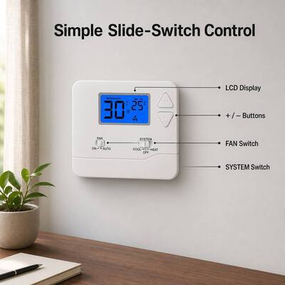Riseem ABS Housing Material Wired Room Thermostat with ±1C Accuracy and Manual/Automatic Control Mode สูตรควบคุมด้วยมือและอัตโนมัติ