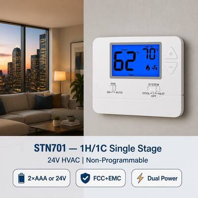 จอแสดงผลเครื่องปรับอากาศสไตล์อเมริกัน 24V แบบอิเล็กทรอนิกส์ ขนาด 3.84 ตร.นิ้ว เทอร์โมสตัทปรับระดับได้ 1 ขั้นตอน 1 H 1 C แบบตั้งโปรแกรมไม่ได้