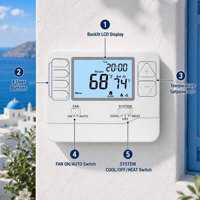 24V ตัวควบคุมอุณหภูมิ HVAC จอ LCD ขนาดใหญ่ เทอร์โมสตัทแบบมีสาย 7 วัน 2 ฮีท 2 คูล ใช้แบตเตอรี่
