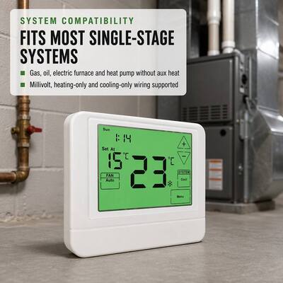 เทอร์โมสแตทแบบมีสายพร้อมหน้าจอสัมผัสตั้งโปรแกรมได้ 24V สำหรับทำความร้อนและความเย็น แบตเตอรี่ในตัว เหมาะสำหรับระบบปรับอากาศ HVAC