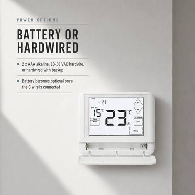 เทอร์โมสตัทหน้าจอสัมผัสตั้งโปรแกรมได้ 7 วัน ใช้แบตเตอรี่ 24V 1 ระบบทำความร้อน 1 ระบบทำความเย็น แบบมีสาย สำหรับควบคุม HVAC