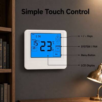 OEM/ODM Touch LCD เครื่องปั๊มความร้อน 24V มีสาย โปรแกรมได้ เทอร์โมสแตม 4H/2C เครื่องปั๊มความร้อน พร้อมหรือไม่มีเครื่องปั๊มความร้อนเสริมหรือฉุกเฉิน