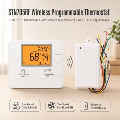 เทอร์โมสตัทไร้สาย PTAC แบบ 7 วัน สำหรับระบบ HVAC ทำงานด้วยไฟ 24V หรือแบตเตอรี่ ให้ความร้อนและความเย็น 1 ขั้นตอน