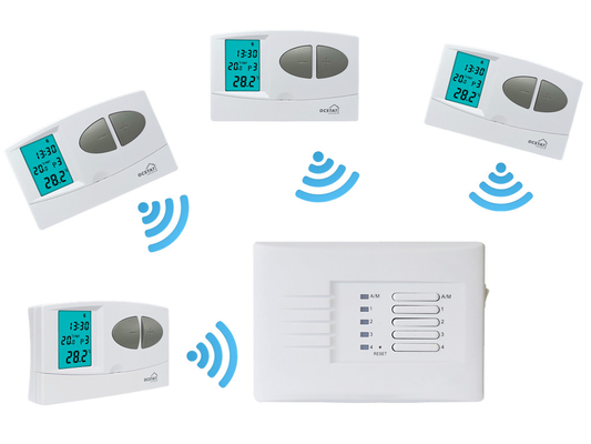 Riseem ODM RF สายไร้สาย Multi Zone Radiant อิเล็กทรอนิกส์ โปรแกรมห้องทําความร้อน เทอร์มาสตัต
