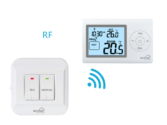 Riseem ABS OEM ODM Blue LCD Screen RF Digital Home Thermostat การทําความร้อนและการทําความเย็น