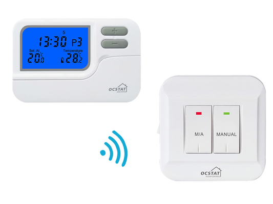 Riseem สีขาว ABS 868Mhz RF ห้องไร้สาย โปรแกรมเทอร์โมสตาร์ดิจิตอล
